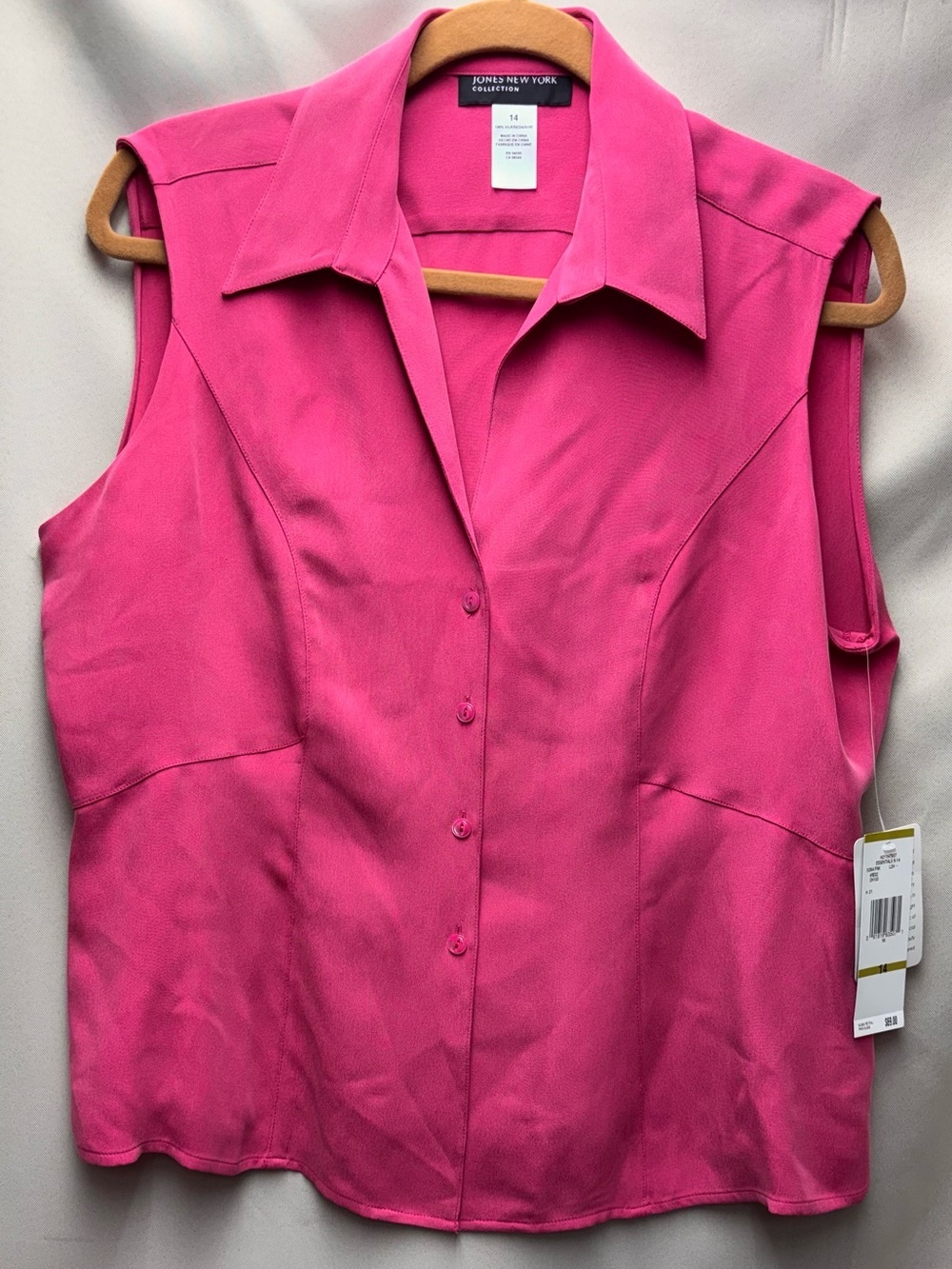 Jones NY NWT 100% Silk Fuschia Sleeveless button down Top Size 14 - Picture 1 of 6
